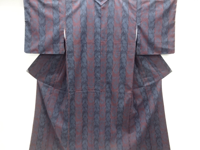 JAPANESE KIMONO / UNUSED / SILK / SHIOZAWA / WOVEN STRIPE & LEAVES